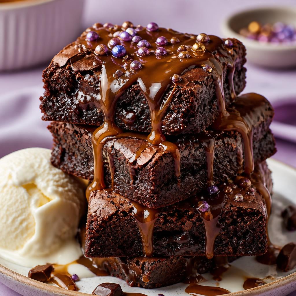 Chocolate brownies with glossy caramel sauce